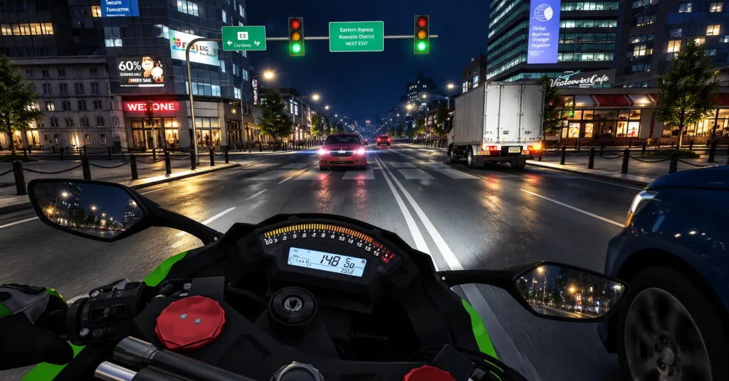 Illustration of a Traffic Rider style night ride through city traffic