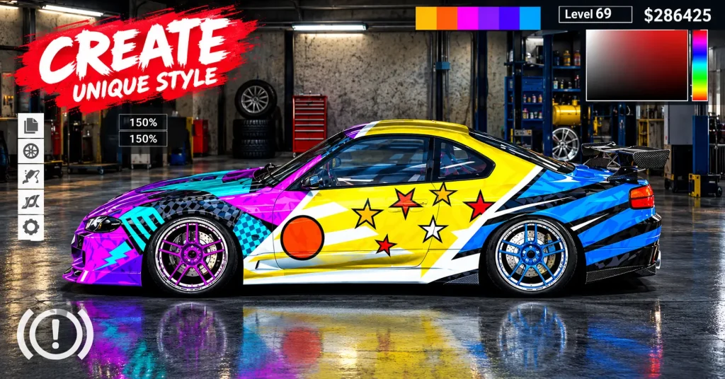 Street Racing decal editor showing a custom livery with level and money at the top