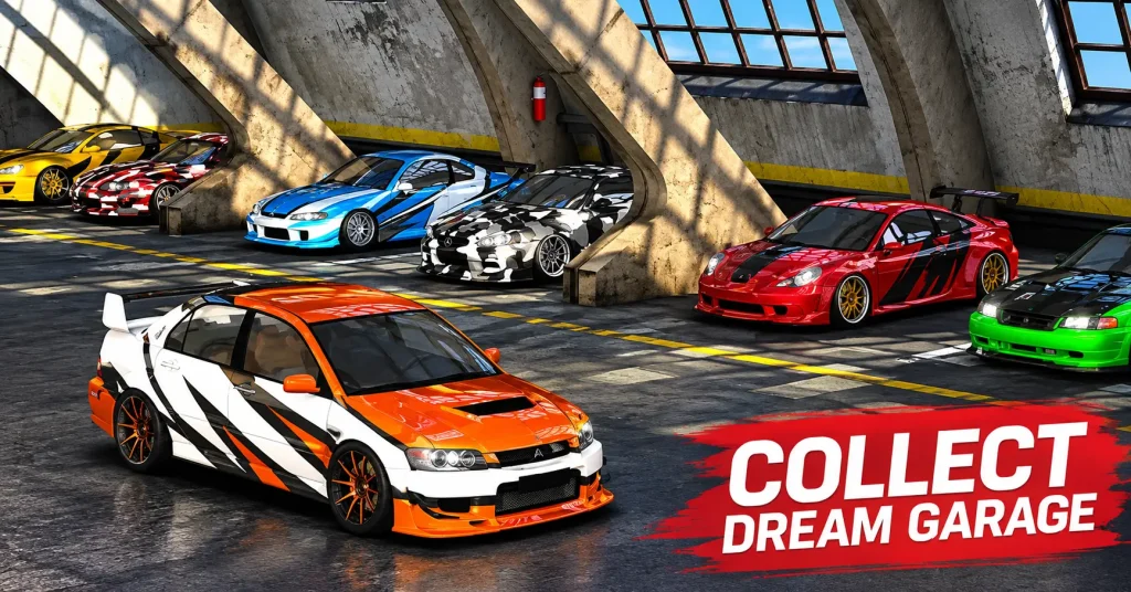 Street Racing garage with a row of tuned cars and custom paint