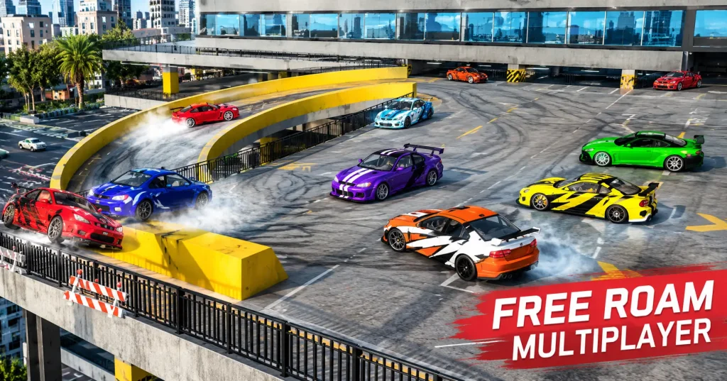Street Racing free roam multiplayer with cars drifting in a parking garage