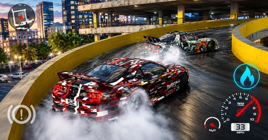 Street Racing two cars drifting up a parking garage ramp with the nitrous button and speedometer