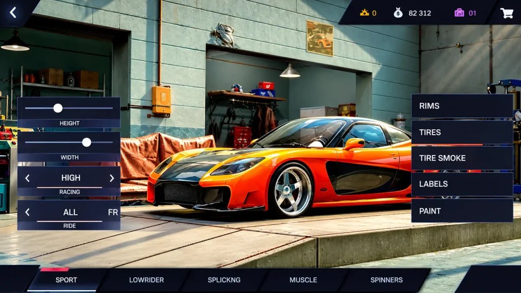 Tuning Club Online wheel customizer on an orange RX7 with rim size sliders and rim styles