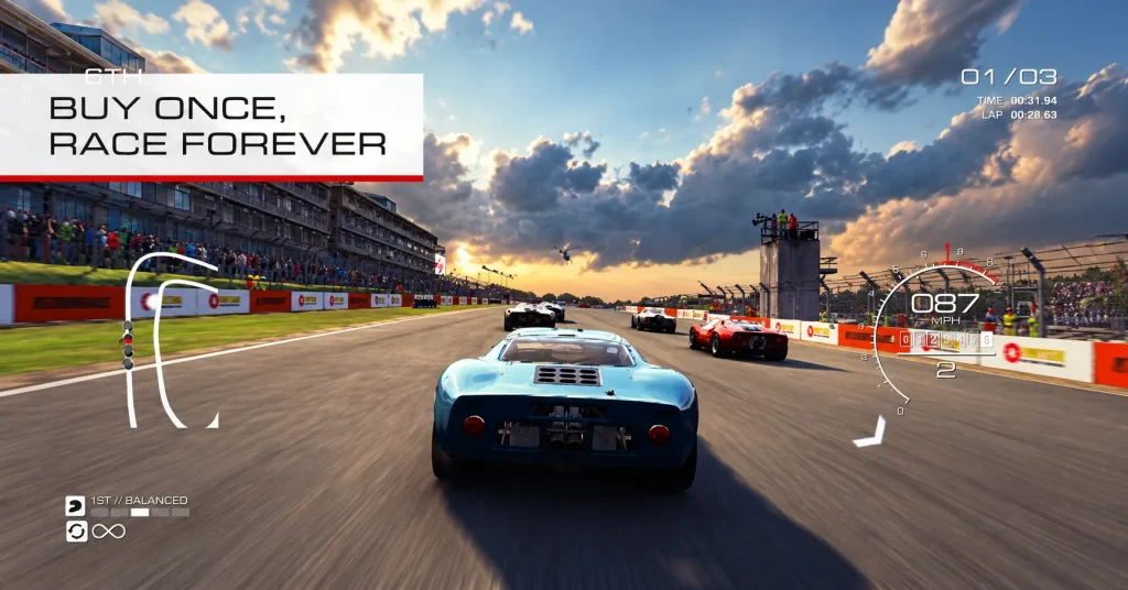 GRID Autosport classic race car on a circuit with the text Buy Once, Race Forever