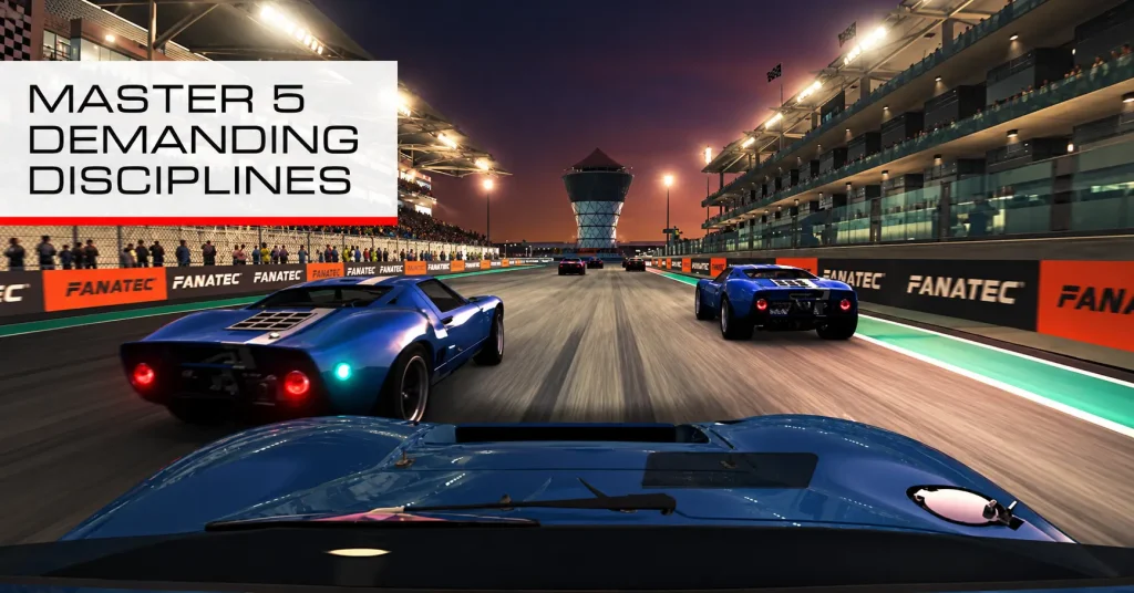 GRID Autosport endurance race at night with the text Master 5 Demanding Disciplines