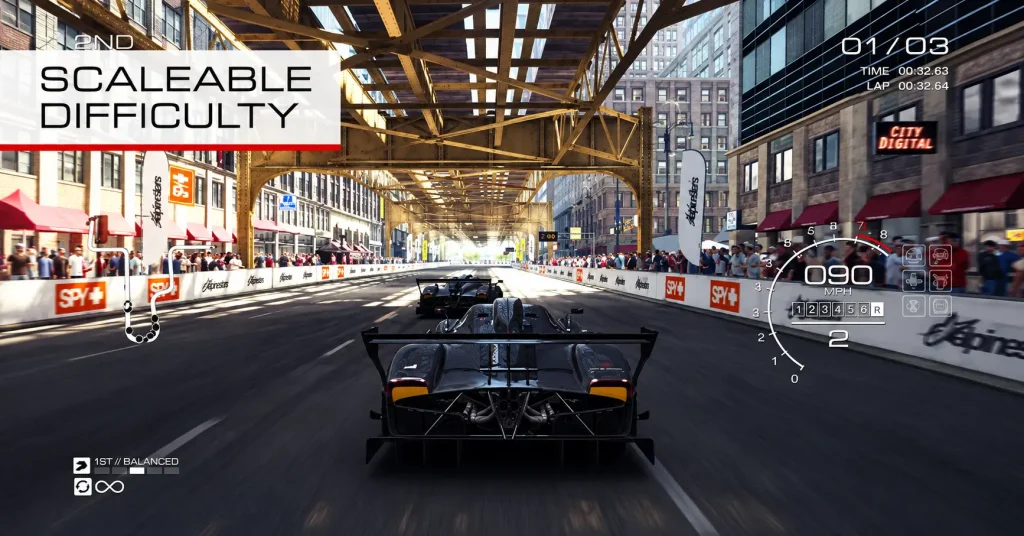 GRID Autosport street race under a bridge with the text Scaleable Difficulty