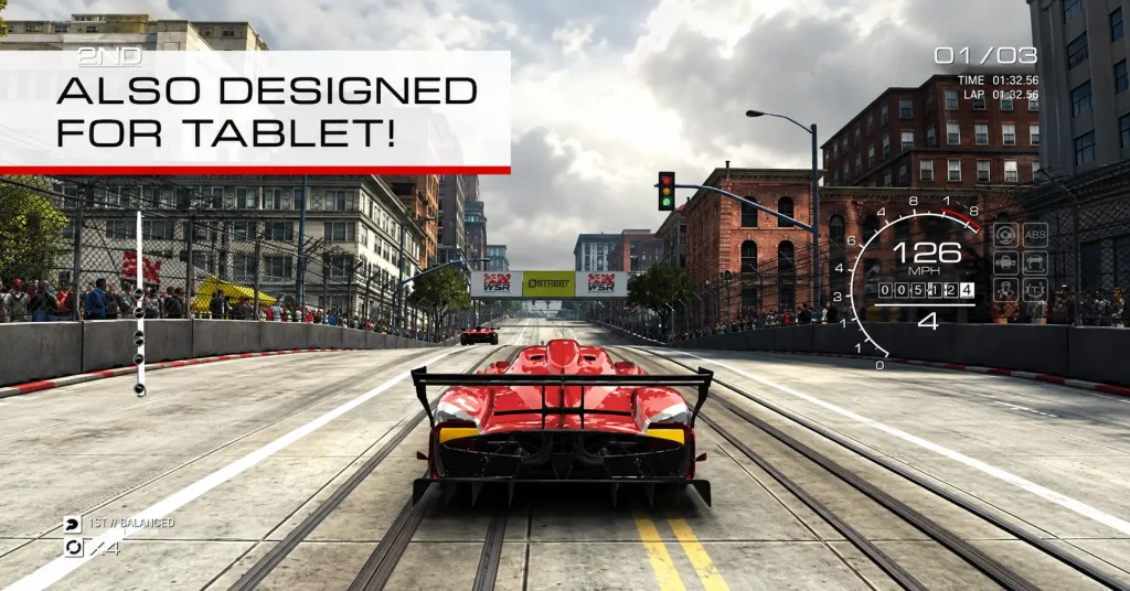 GRID Autosport red race car on a city street circuit with the text Also Designed for Tablet