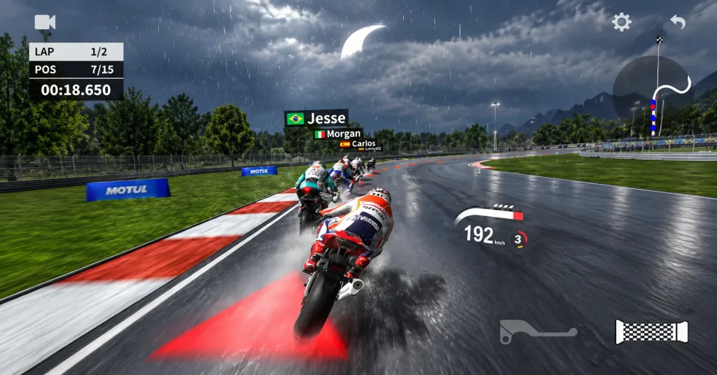 Real Moto 2 rider on a wet track with the red braking zone before a corner