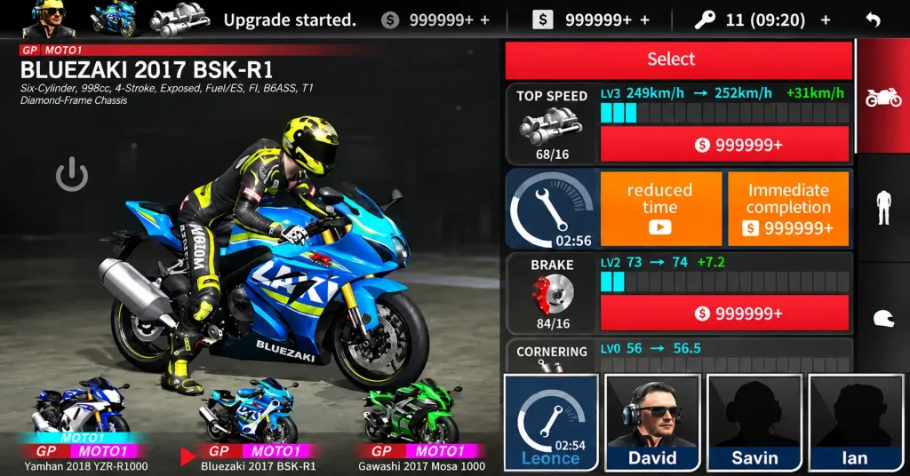 Real Moto 2 upgrade screen for the Bluezaki 2017 BSK-R1 with Top Speed and Brake stats