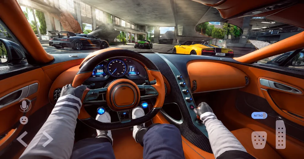 Tuning Club Online first person cockpit view inside a sports car with an orange interior