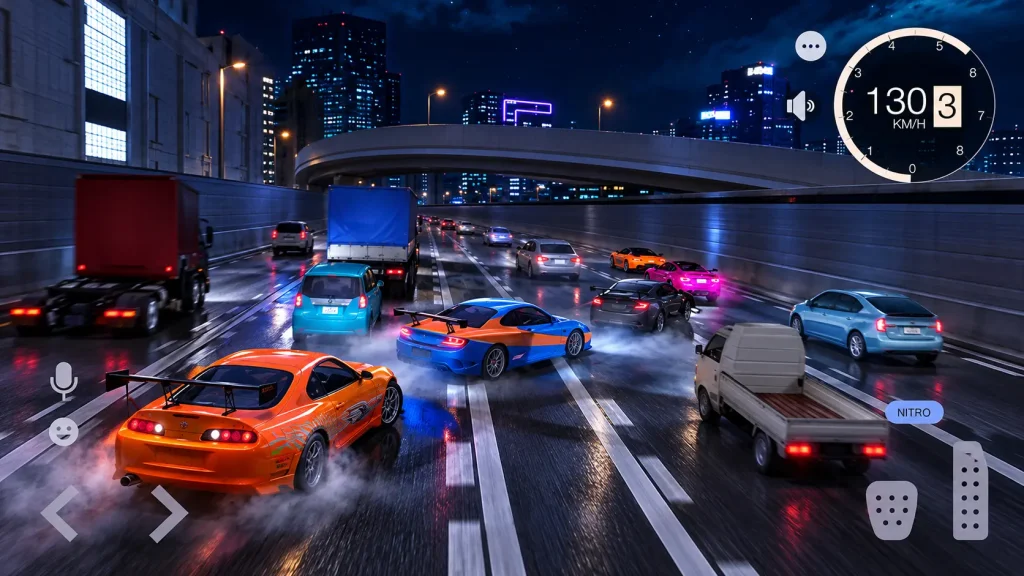 Tuning Club Online night highway race with several players, nitro button and speedometer