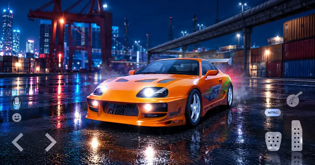 Tuning Club Online orange tuned sports car with green graphics at night