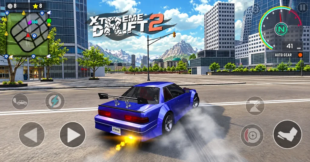 Xtreme Drift 2 style blue car drifting through a city street with tire smoke