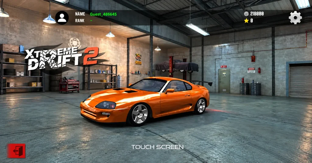 Xtreme Drift 2 style garage with an orange sports car and coin balance