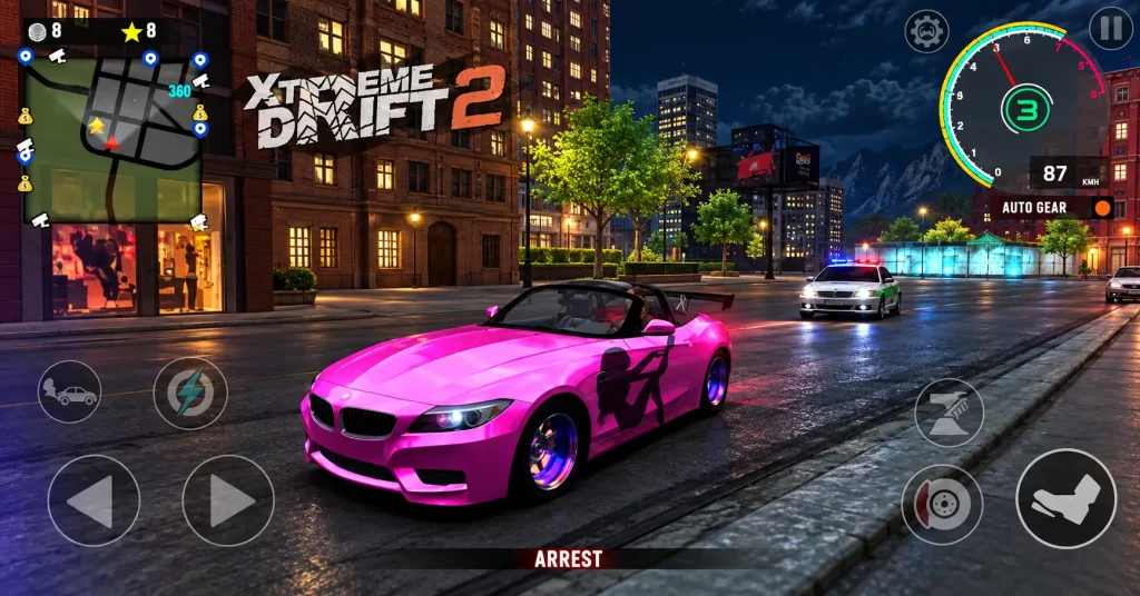 Xtreme Drift 2 style blue car drifting through a city street with tire smoke