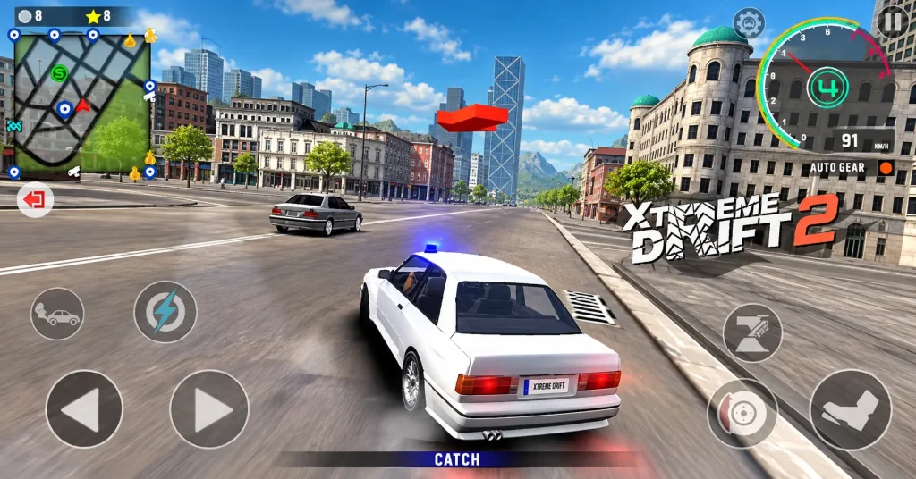 Xtreme Drift 2 style white car chasing another car in the city