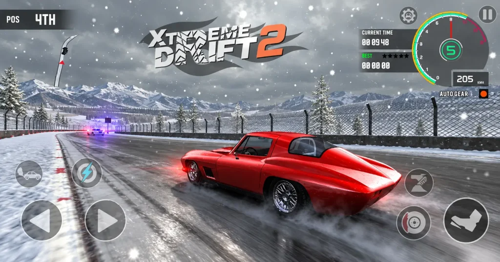 Xtreme Drift 2 style red classic car racing on a snowy track