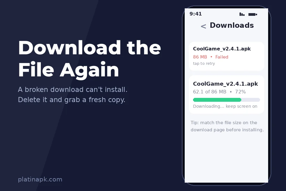 Re-downloading a failed APK file in the Android Downloads manager