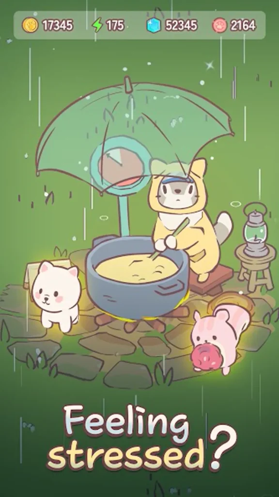 Cats and Soup gameplay screenshot showing cats cooking soup in a cozy forest