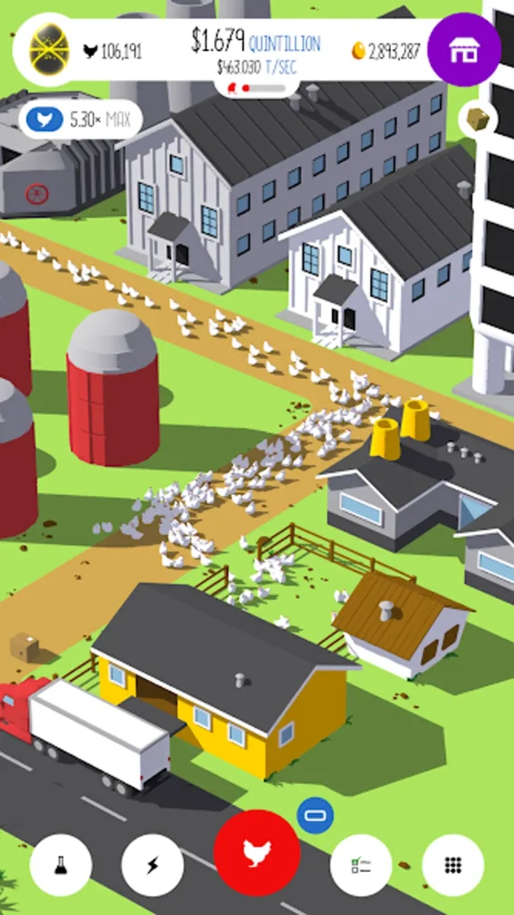Egg, Inc. gameplay screenshot showing a chicken farm with barns and delivery trucks