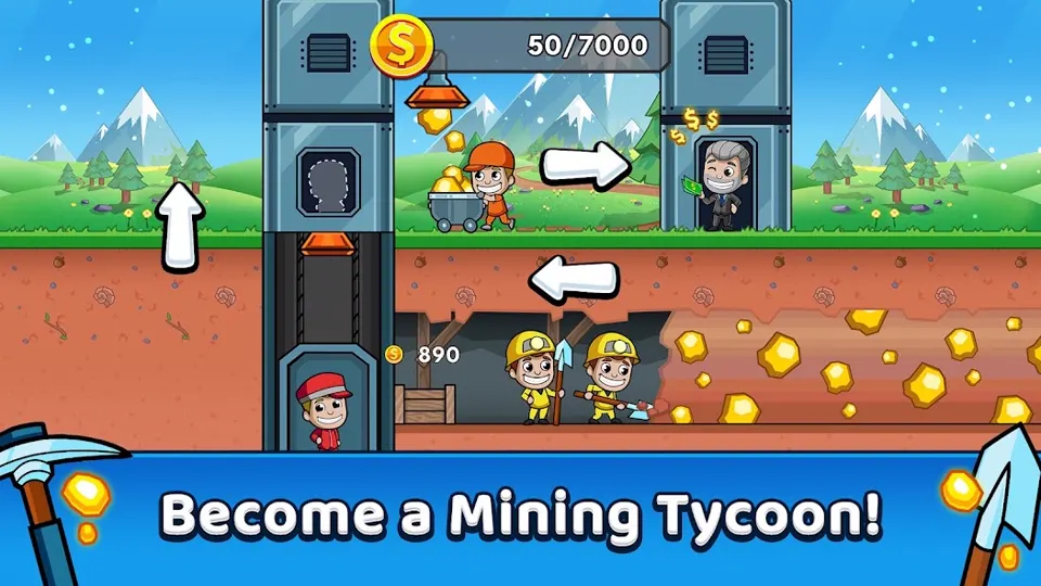 Idle Miner Tycoon gameplay screenshot showing miners digging gold in a mine shaft