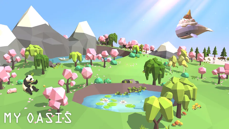 My Oasis gameplay screenshot showing a calm low poly island with a panda and pond