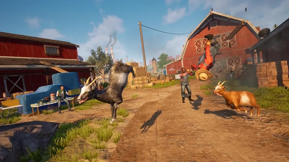 Goat Simulator 3 gameplay screenshot showing goats on a farm