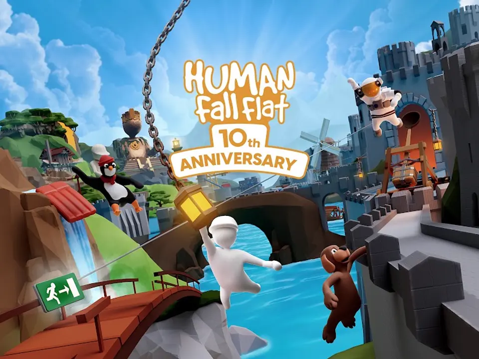 Human: Fall Flat gameplay screenshot showing Bob characters in a floating dreamscape level
