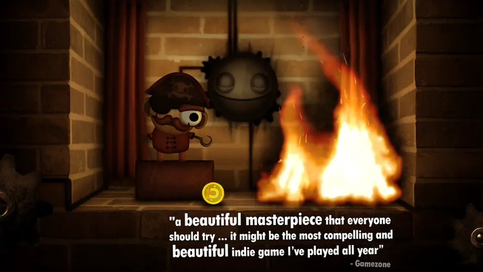 Little Inferno gameplay screenshot showing objects burning in the fireplace