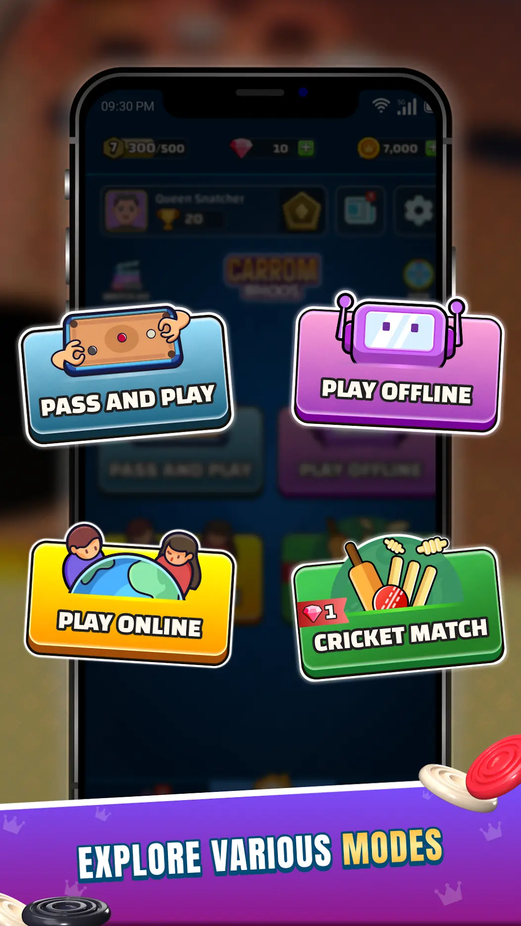 Carrom Board by Bhoos modes menu with Pass and Play and offline play