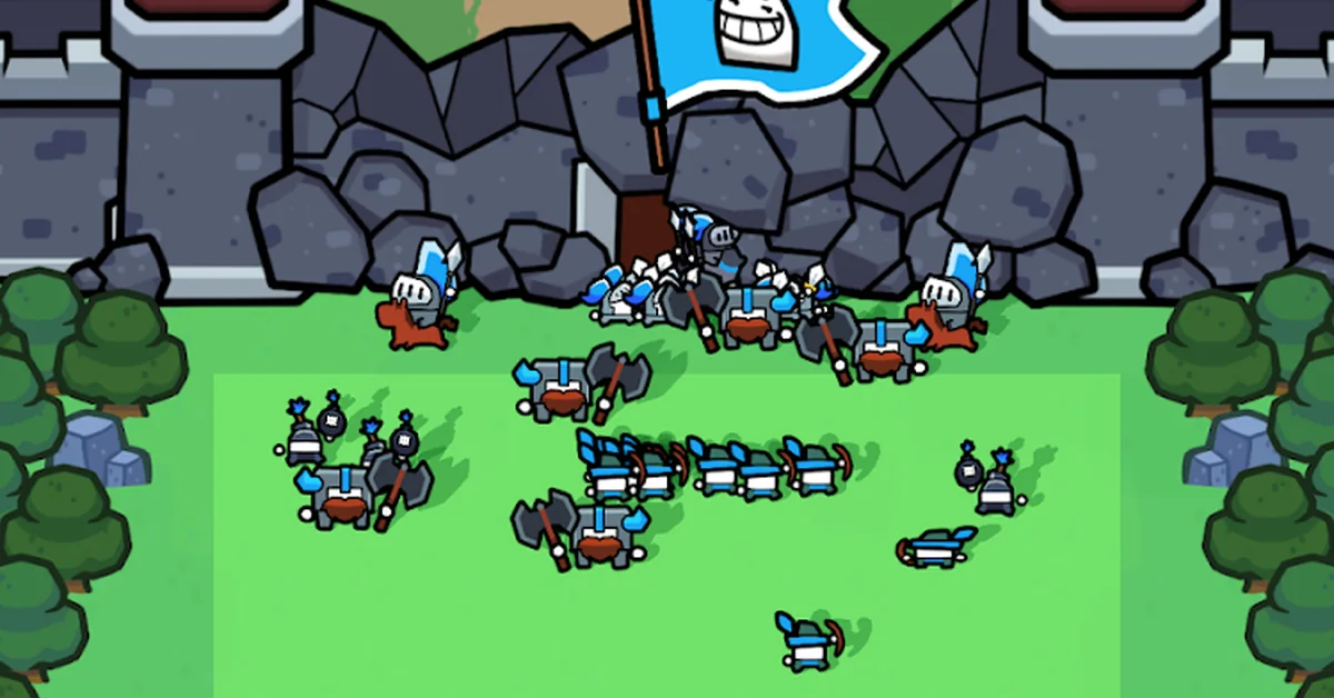 Castle Crush card duel with troops attacking a castle