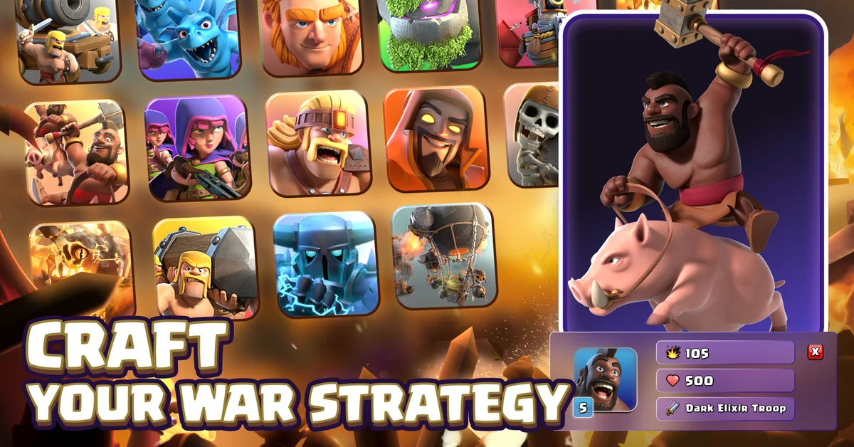 Clash of Clans troops including Hog Rider for war strategy