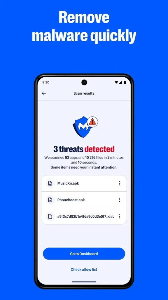 Malwarebytes scan results warning about detected threats in APK files