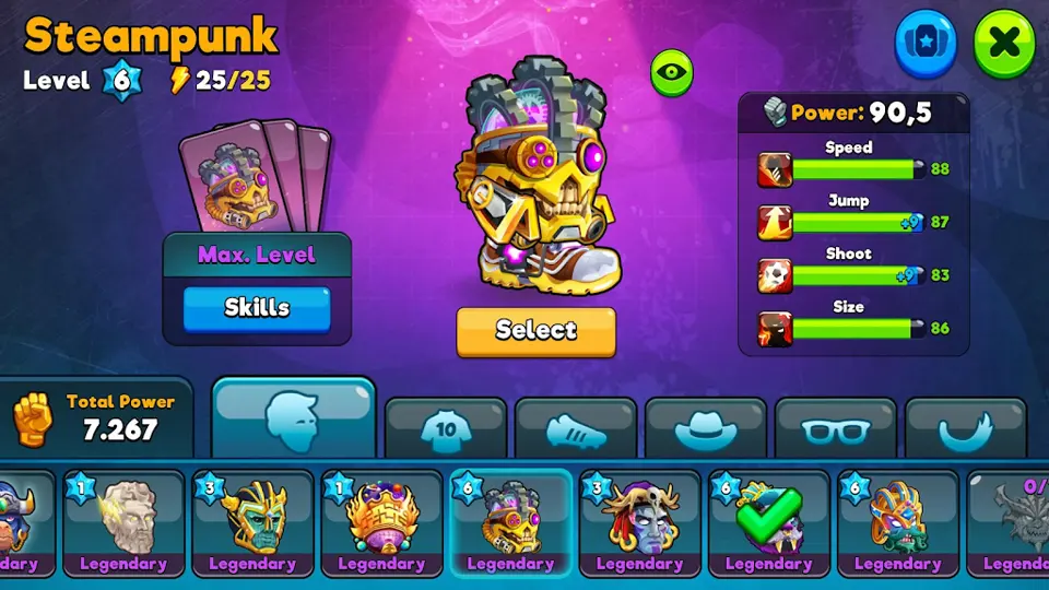 Head Ball 2 character selection screen with Steampunk character