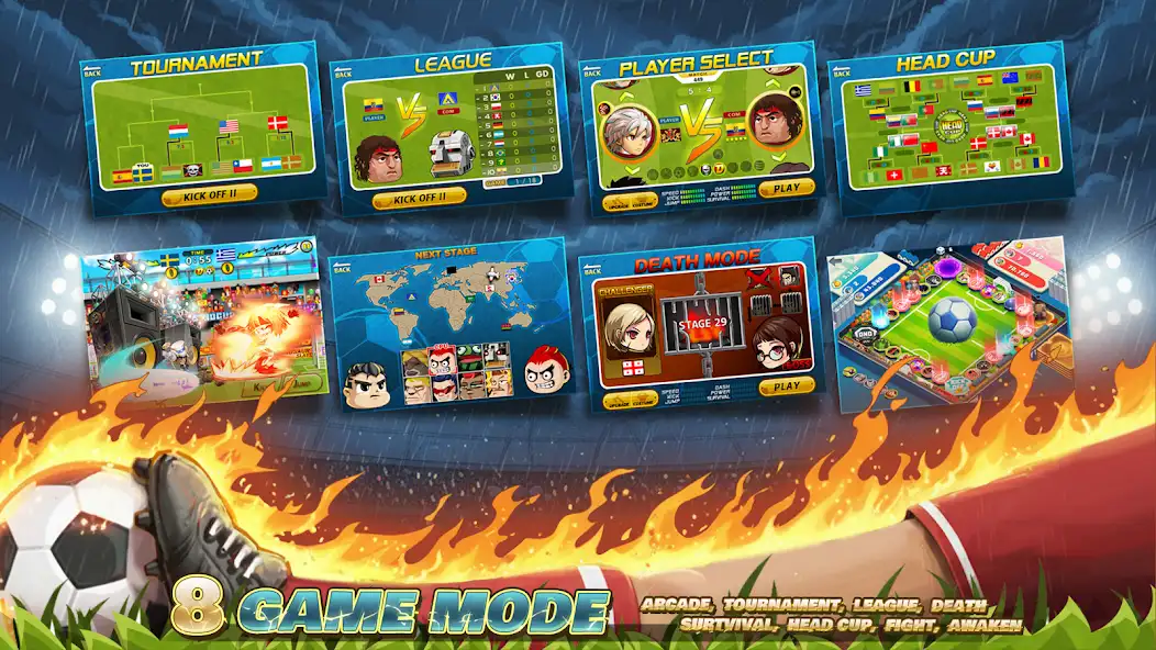 Head Soccer game modes including Tournament League and Head Cup