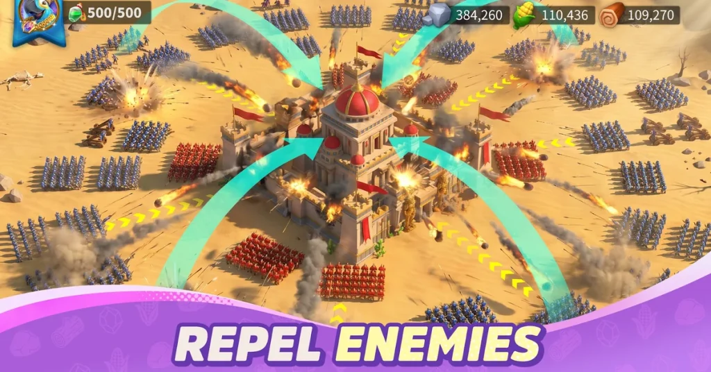 Rise of Kingdoms battle with armies attacking a city