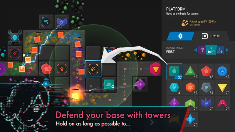Infinitode 2 maze of towers on a grid map