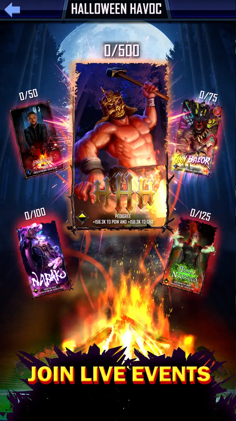 WWE SuperCard card battle screen with Superstar cards